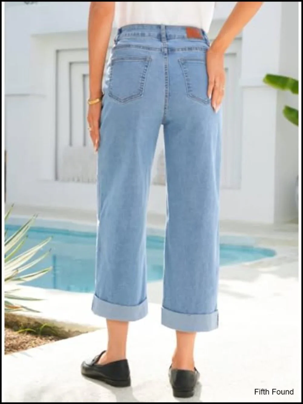 High Waisted Wide Leg Cropped Capri Jeans Rolled Hem Stretchy Denim Pants